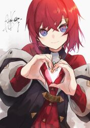 Rule 34 | 1girl, absurdres, ange katrina, ange katrina (1st costume), cardigan, heart, heart hands, highres, light blush, long sleeves, looking at viewer, nijisanji, ogura tubuan, purple eyes, red cardigan, red hair, short hair, simple background, smile, solo, triangle hair ornament, upper body, virtual youtuber, white background