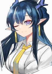 Rule 34 | 1girl, ;), absurdres, alternate costume, ao oni (onioni-aoi), arknights, blue hair, breasts, collared shirt, cropped torso, dragon horns, earrings, highres, horns, jacket, jewelry, ling (arknights), long hair, looking at viewer, medium breasts, multicolored hair, necktie, one eye closed, open clothes, open jacket, pointy ears, purple eyes, shirt, simple background, smile, solo, streaked hair, two-tone hair, white background, white hair, white jacket, white shirt, yellow necktie