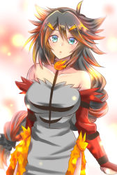 Rule 34 | 1girl, bare shoulders, black hair, blue eyes, blurry, blurry background, blush, borrowed character, braid, breasts, collarbone, gen 7 pokemon, hair between eyes, highres, incineroar, large breasts, long hair, long sleeves, looking at viewer, multicolored hair, parted lips, personification, pokemon, simple background, solo, standing, takecha, two-tone hair, very long hair