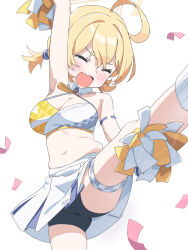 Rule 34 | 1girl, ahoge, arm up, bare shoulders, bike shorts, blonde hair, blue archive, blush, breasts, cleavage, closed eyes, confetti, crop top, fang, feet out of frame, groin, highres, holding, holding pom poms, ikanyoikanikan, kotori (blue archive), kotori (cheer squad) (blue archive), medium breasts, miniskirt, navel, open mouth, plump, pom pom (cheerleading), pom poms, short hair, short twintails, skin fang, skirt, socks, solo, standing, standing on one leg, thigh strap, twintails, white skirt, white socks