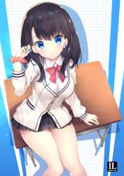 Rule 34 | 1girl, arm support, black hair, black skirt, blue eyes, blush, bow, breasts, cardigan, collared shirt, commentary request, desk, dress shirt, earbuds, earphones, gridman universe, hand up, holding, holding earphones, long hair, long sleeves, looking at viewer, medium breasts, mitha, on desk, orange scrunchie, parted lips, pleated skirt, red bow, school desk, school uniform, scrunchie, shirt, sitting, on desk, skirt, solo, ssss.gridman, takarada rikka, white cardigan, white shirt, wrist scrunchie