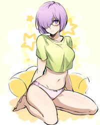 Rule 34 | 1girl, alternate costume, aono shimo, bad id, bad twitter id, breasts, commentary request, cushion, fate/grand order, fate (series), glasses, green shirt, hair over one eye, highres, looking at viewer, mash kyrielight, medium breasts, midriff, navel, no pants, panties, pink panties, purple eyes, purple hair, resized, shirt, simple background, sitting, solo, star (symbol), tank top, underwear, wariza, white background