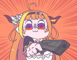 Rule 34 | 1girl, :3, ahoge, aiming, aiming at viewer, anger vein, bkub (style), finger on trigger, gun, hairband, handgun, holding, holding gun, holding weapon, hololive, horns, kiryu coco, kiryu coco (1st costume), kukie-nyan, long hair, looking at viewer, multicolored hair, orange background, orange hair, pistol, poptepipic, purple eyes, red eyes, shaded face, solo, streaked hair, twitter username, two-tone hair, upper body, virtual youtuber, weapon, wide-eyed