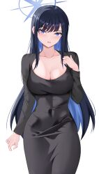 Rule 34 | 1girl, absurdres, alternate costume, black dress, black hair, blue archive, blue eyes, blue hair, blue halo, breasts, cleavage, collarbone, colored inner hair, covered navel, cowboy shot, dongtan dress, dress, fiftya, halo, hand up, highres, large breasts, long hair, long sleeves, looking at viewer, meme attire, multicolored hair, open mouth, saori (blue archive), simple background, solo, taut clothes, taut dress, two-tone hair, very long hair, white background