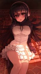 Rule 34 | 1girl, arm support, black hair, blush, breasts, carpet, drawstring, frilled skirt, frills, gentoo penguin (kemono friends), headphones, highres, indoors, jacket, kemono friends, knee up, leaning back, long hair, long sleeves, looking at viewer, medium breasts, melaton, miniskirt, mittens, multicolored clothes, multicolored hair, multicolored jacket, on floor, parted lips, red eyes, red hair, sitting, skirt, solo, streaked hair, two-tone hair, two-tone jacket, very long hair, white skirt, window shadow