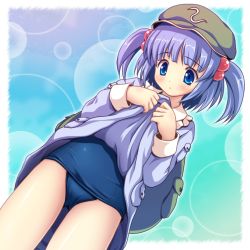 Rule 34 | 1girl, backpack, bag, blue eyes, blue hair, blush, clothes lift, dress, dress lift, female focus, hair bobbles, hair ornament, hat, kawashiro nitori, matching hair/eyes, one-piece swimsuit, randoseru, school swimsuit, skirt, skirt lift, solo, swimsuit, swimsuit under clothes, touhou, twintails, two side up, yamasan