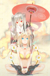 Rule 34 | 2girls, bad id, bad pixiv id, barefoot, bikini, bikini top only, blonde hair, blue eyes, breasts, electricity, hair ribbon, highres, indian style, japanese clothes, jewelry, kimono, large breasts, lightning bolt symbol, long hair, midriff, miso ni, multiple girls, navel, necklace, oil-paper umbrella, original, red eyes, ribbon, silver hair, sitting, skirt, swimsuit, twintails, umbrella