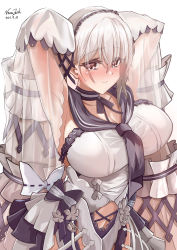 Rule 34 | 1girl, absurdly long hair, absurdres, armpits, arms behind head, artist name, azur lane, black choker, black neckwear, black sailor collar, blush, bow, dress bow, breasts, choker, clothing cutout, dress, dress bow, dress flower, feather dress, formidable (azur lane), formidable (timeless classics) (azur lane), hair between eyes, hair ornament, highres, large breasts, long hair, looking at viewer, navel cutout, noazzark, official alternate costume, platinum blonde hair, red eyes, sailor collar, simple background, sleeveless, sleeveless dress, solo, twintails, two-tone dress, two-tone ribbon, upper body, veil, very long hair, white background, white dress