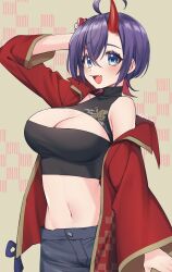 Rule 34 | 1girl, absurdres, ahoge, black shorts, blue eyes, breasts, character request, cleavage, crop top, hair between eyes, highres, horns, indie virtual youtuber, jacket, large breasts, long sleeves, midriff, multicolored hair, navel, off shoulder, open mouth, purple hair, red hair, red horns, red jacket, sakura chiyo (konachi000), short hair, shorts, single horn, smile, solo, stomach, virtual youtuber