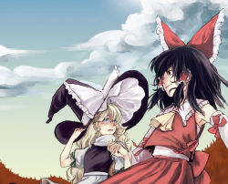 Rule 34 | 2girls, apron, ascot, back bow, black hair, blonde hair, blue eyes, blue sky, bow, breasts, brown eyes, closed mouth, cloud, cloudy sky, detached sleeves, frilled bow, frilled hair tubes, frilled shirt collar, frills, hair tubes, hakurei reimu, hand on headwear, hat, hat bow, hat ribbon, holding hands, interlocked fingers, kirisame marisa, large bow, large hat, light smile, long hair, looking at viewer, medium hair, multiple girls, nanamin, open mouth, outdoors, puffy short sleeves, puffy sleeves, red bow, red ribbon, red shirt, red skirt, ribbon, ribbon-trimmed sleeves, ribbon trim, sarashi, shirt, short sleeves, skirt, sky, sleeve ribbon, sleeveless, sleeveless shirt, small breasts, touhou, twilight, upper body, very long hair, waist apron, white apron, white bow, white ribbon, white shirt, witch hat, yellow ascot