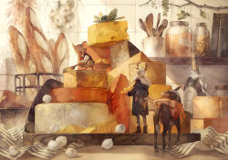 Rule 34 | 1boy, antlers, baguette, bread, cheese, cheese wheel, commentary, donkey, food, formal, horns, mouse (animal), onion, original, suit, yoshioka (haco)