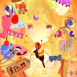 Rule 34 | 1girl, blonde hair, cake, candy, doughnut, food, fork, miyashita miro, original, price tag, solo, sweets