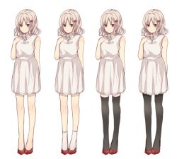 Rule 34 | 10s, 1girl, alternate costume, bare legs, bare shoulders, black pantyhose, blonde hair, blush, body blush, breasts, closed mouth, costume chart, curly hair, diabolik lovers, dress, female focus, full body, hair ornament, hairpin, hand on own chest, ichinose (sorario), komori yui, legs, looking at viewer, multiple views, pantyhose, petite, pink eyes, rejet, shoes, simple background, sleeveless, small breasts, smile, socks, thighhighs, variations, white background, white thighhighs