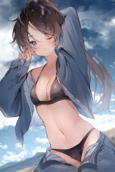 Rule 34 | 1girl, ;), arms up, beach, bikini, bikini under clothes, black bikini, blue jacket, blue pants, blue sky, blush, breasts, brown hair, cleavage, closed mouth, collarbone, day, denim, denim jacket, dutch angle, eyebrows hidden by hair, harui (hr x9 ), highres, jacket, jeans, long hair, long sleeves, looking at viewer, medium breasts, navel, off shoulder, one eye closed, open clothes, open fly, open jacket, original, outdoors, pants, parted bangs, ponytail, purple eyes, single bare shoulder, sitting, sky, smile, stomach, swimsuit, unzipped, very long hair