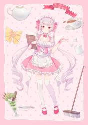 Rule 34 | 1girl, absurdres, apron, blush, bow, bowtie, breasts, broom, cleavage, closed mouth, collar, commentary request, cup, detached collar, detached sleeves, detached wings, emia wang, english text, frilled apron, frilled bow, frilled skirt, frills, hair bow, hand up, highres, leaning to the side, long hair, maid, maid headdress, menu, milk, mini wings, original, parfait, pink background, pink bow, pink skirt, pleated skirt, polka dot, polka dot background, puffy short sleeves, puffy sleeves, red bow, red bowtie, red eyes, red footwear, ringlets, shoes, short sleeves, sidelocks, silver hair, skirt, small breasts, smile, solo, spoon, sugar cube, tea, teacup, teapot, thighhighs, twintails, very long hair, waist apron, white apron, white collar, white thighhighs, wings, yellow bow