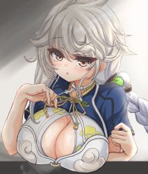 Rule 34 | 1girl, :o, blush, braid, braided ponytail, breasts, brown eyes, cleavage, cleavage cutout, clothing cutout, cloud print, grey background, hair between eyes, hair ornament, huge breasts, kantai collection, kasashi (kasasi008), large breasts, long hair, open mouth, short sleeves, silver hair, simple background, single braid, solo, sweat, unryuu (kancolle), upper body