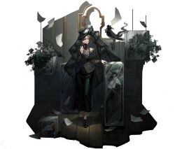 Rule 34 | 1girl, bird, black dress, black footwear, black hair, black hat, black veil, book, closed mouth, crow, dress, fascinator, full body, hand up, hat, highres, holding, holding book, loafers, looking at viewer, necrologist, off-shoulder dress, off shoulder, official art, pages, plant, reverse:1999, shoes, short hair, smile, solo, standing, third-party source, top hat, veil, wooden floor, yellow eyes