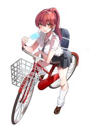 Rule 34 | 1girl, bag, bicycle, commentary request, food, full body, grey necktie, grey skirt, heterochromia, highres, holding, holding food, hololive, houshou marine, loafers, long hair, looking at viewer, necktie, ponytail, popsicle, red eyes, red hair, riding, school bag, school uniform, shirt, shoes, simple background, skirt, solo, striped necktie, virtual youtuber, white background, white legwear, white shirt, yellow eyes, yoshioka pochi