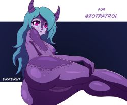Rule 34 | 1girl, ass, breasts, commission, erkerut, furry, furry female, green hair, large breasts, legs, long hair, looking at viewer, nipples, purple eyes, scales, simple background, solo, wide hips