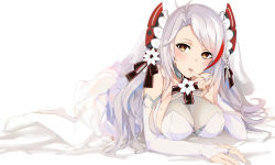 Rule 34 | 1girl, alternate costume, antenna hair, azur lane, bad id, bad pixiv id, blush, breasts, bridal gauntlets, bridal veil, cleavage, collarbone, dress, fingering, floa4174, gloves, hair between eyes, hair ornament, hair ribbon, halterneck, headgear, highres, large breasts, long hair, looking at viewer, lying, mole, mole on breast, multicolored hair, on stomach, open mouth, prinz eugen (azur lane), prinz eugen (symphonic fate) (azur lane), red hair, ribbon, see-through, silver hair, simple background, smile, solo, streaked hair, thighhighs, thighs, two side up, veil, very long hair, wedding dress, white background, white dress, white gloves, white thighhighs