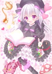Rule 34 | 10s, 1girl, :d, absurdres, ace (playing card), ace of diamonds, ace of hearts, animal, beret, black bow, black bowtie, black capelet, black dress, black hat, black ribbon, blush, book, bow, bowtie, capelet, card, cat, cheshire cat (alice in wonderland), clothed animal, commentary request, cup, diamond (shape), doll joints, dress, fate/extra, fate (series), floral background, food print, formal, frilled dress, frilled shirt collar, frilled sleeves, frills, fur-trimmed capelet, fur trim, gothic lolita, hair between eyes, hat, hat bow, hat ribbon, heart, highres, index finger raised, joints, key, layered dress, lolita fashion, long hair, looking at viewer, multicolored bowtie, mushroom, mushroom print, nursery rhyme (fate), open book, open mouth, pink background, pink bow, pink ribbon, playing card, pouring, print dress, purple eyes, rabbit, ribbon, short sleeves, smile, star (symbol), striped bow, striped bowtie, striped clothes, striped neckwear, striped ribbon, suit, tea, teacup, teapot, top hat, tsurime, white hair, white rabbit (alice in wonderland)