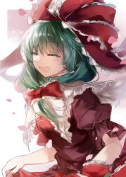 Rule 34 | 1girl, bow, closed eyes, commentary, frilled ribbon, frills, green hair, hair bow, hair ribbon, highres, kagiyama hina, kutsuki kai, long hair, open mouth, red bow, red ribbon, ribbon, short sleeves, smile, solo, teeth, touhou, upper body, upper teeth only, white background