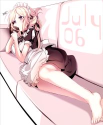 Rule 34 | 1girl, apron, barefoot, black eyes, blonde hair, couch, dated, eating, feet, folded ponytail, food, haruka natsuki, head rest, lying, maid, maid apron, maid headdress, monochrome, mouth hold, on side, original, solo, toes