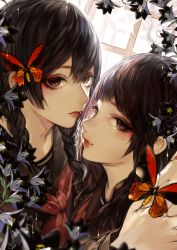 Rule 34 | 2girls, black hair, braid, brown eyes, bug, butterfly, flower, bug, lipstick, looking at viewer, makeup, multiple girls, original, red lips, red lips, school uniform, serafuku, tcb, tears, twin braids, yuri