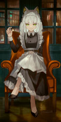 Rule 34 | 00kashian00, 1girl, absurdres, animal ear fluff, animal ears, apron, arknights, armchair, belt, black dress, black footwear, blunt bangs, cat ears, chair, closed mouth, dress, fingerless gloves, frilled dress, frilled shirt collar, frills, full body, glint, gloves, green eyes, grey hair, high heels, highres, holding, holding syringe, indoors, juliet sleeves, kal&#039;tsit (arknights), long sleeves, looking at viewer, maid, maid headdress, official alternate costume, puffy sleeves, short hair, sitting, smile, solo, syringe, white apron, window