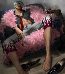 Rule 34 | 1boy, abs, barefoot, barrel, black footwear, black shirt, blonde hair, book, bottle, capri pants, coat, couch, covered eyes, cup, donquixote doflamingo, drinking glass, earrings, unworn eyewear, feather coat, feet, fingernails, highres, holding, holding removed eyewear, jewelry, male focus, muscular, muscular male, necktie, nurumayuart, on couch, one piece, open clothes, open mouth, orange-tinted eyewear, pants, pink coat, red necktie, red wine, shirt, shoes, unworn shoes, short hair, sleeping, tinted eyewear, toenails, toes, white-framed eyewear, wine bottle, wine glass