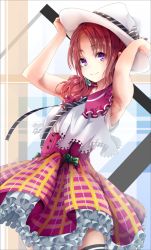 Rule 34 | 1girl, bad id, bad pixiv id, bow, frilled skirt, frills, hand on headwear, hat, hat bow, high-waist skirt, highres, hopper, looking at viewer, original, plaid, plaid skirt, purple eyes, red hair, scrunchie, skirt, sleeveless, smile, solo, thighhighs, zettai ryouiki