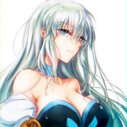 Rule 34 | 1girl, bare shoulders, blue choker, blue eyes, breasts, choker, cleavage, closed mouth, collarbone, fate/grand order, fate (series), grey hair, hair between eyes, hair down, highres, large breasts, long bangs, long hair, looking at viewer, morgan le fay (fate), ringozuki, simple background, solo, two-tone dress, upper body, very long hair, white background