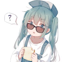 Rule 34 | 1girl, ?, aqua hair, baseball cap, blue eyes, bread, bread slice, collarbone, food, food bite, hair between eyes, hat, hatsune miku, highres, holding, holding food, long hair, long sleeves, looking at viewer, mimengfeixue, open mouth, overalls, shirt, sidelocks, simple background, solo, spoken question mark, sunglasses, toast, twintails, vocaloid, white background, white shirt