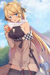 Rule 34 | 1girl, :d, alternate costume, azur lane, bag, bare shoulders, black sweater, black thighhighs, blonde hair, blue eyes, blue sky, blush, breasts, breath, brown coat, can, cloud, coat, coat dress, commentary request, cowboy shot, cross, cross necklace, day, hair ornament, hair ribbon, hairclip, highres, holding, holding bag, holding can, izumo neru, jewelry, large breasts, laurel crown, long hair, looking at viewer, necklace, off shoulder, open mouth, outdoors, ribbed sweater, ribbon, scarf, sidelocks, sky, smile, solo, sweater, sweater vest, thighhighs, very long hair, victorious (azur lane), victorious (the goddess&#039; day off) (azur lane)
