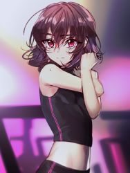 Rule 34 | 1girl, absurdres, arm across chest, armpits, bare shoulders, black shirt, blouse, blurry, breasts, character request, copyright request, crop top, depth of field, ear piercing, expressionless, hair between eyes, highres, midriff, navel, piercing, purple hair, red eyes, shirt, short hair, sleeveless, sleeveless shirt, small breasts, solo, stretching, sweat, tank top, tareme, upper body, wata (attaka towel)
