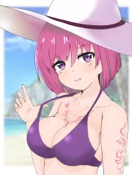 Rule 34 | 1girl, artist request, bikini, breasts, chain, chain necklace, cleavage, hat, highres, large breasts, looking at viewer, necklace, nel zelpher, outside border, purple eyes, red hair, short hair, smile, solo, star ocean, star ocean anamnesis, star ocean till the end of time, swimsuit, tattoo, white hat