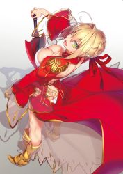 Rule 34 | 10s, 1girl, :d, aestus estus, ahoge, armored boots, ass, blonde hair, boots, breasts, cleavage, dress, epaulettes, fate/extra, fate (series), green eyes, looking at viewer, nero claudius (fate), nero claudius (fate), nero claudius (fate/extra), nilitsu, open mouth, smile, solo, sword, weapon