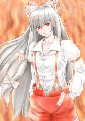 Rule 34 | 1girl, armband, bosutonii, breasts, collarbone, commentary request, cowboy shot, expressionless, fiery background, fire, fujiwara no mokou, hair between eyes, hair ribbon, hands in pockets, head tilt, highres, long hair, long sleeves, looking at viewer, ofuda, pants, red eyes, red pants, ribbon, shirt, silver hair, small breasts, solo, standing, suspenders, touhou, very long hair, white shirt