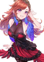 Rule 34 | 1girl, absurdres, ahaha kun, bare shoulders, breasts, cleavage, colored inner hair, covered collarbone, cowboy shot, dress, earrings, feather earrings, feathers, frilled dress, frills, from above, grin, highres, hololive, hololive english, jewelry, large breasts, looking at viewer, multicolored hair, orange hair, purple eyes, see-through, see-through cleavage, short dress, sideboob, simple background, sleeveless, sleeveless dress, smile, solo, swept bangs, takanashi kiara, takanashi kiara (party dress), virtual youtuber, white background, wings