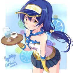 Rule 34 | 1girl, bare shoulders, black skirt, blue hair, blue hat, blush, brown eyes, character name, closed mouth, clothes writing, cup, dated, drinking glass, flying sweatdrops, gloves, hair between eyes, hand up, happy birthday, hat, highres, holding, holding tray, ice, ice cube, long hair, love live!, love live! school idol project, pleated skirt, see-through, sen (sen0910), shirt, skirt, solo, sonoda umi, strapless, strapless shirt, striped clothes, striped skirt, tray, vertical-striped clothes, vertical-striped skirt, very long hair, visor cap, white shirt, yellow gloves