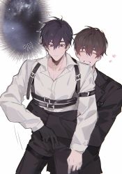 Rule 34 | !?, 2boys, black gloves, black hair, black jacket, brown hair, buried stars, chest harness, chinese commentary, closed eyes, closed mouth, collared shirt, commentary request, ear piercing, earrings, gloves, grin, hair between eyes, han do-yoon, harness, highres, jacket, jewelry, lee gyu-hyuk, lifting person, long sleeves, male focus, mole, mole under eye, multiple boys, piercing, shirt, short hair, simple background, single glove, smile, standing, white background, white shirt, yusa (yusa0751)