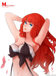 Rule 34 | 1girl, armpits, arms behind head, blue eyes, breasts, cleavage, highres, large breasts, league of legends, lipstick, long hair, looking at viewer, makeup, midriff, miss fortune (league of legends), navel, no headwear, petals, red hair, saramande, simple background, solo, strapless, tube top, white background