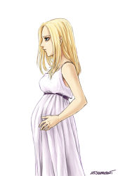 Rule 34 | 1girl, artist name, bare arms, bare shoulders, blonde hair, blue eyes, commentary, dress, hand on own stomach, highres, krista lenz, maternity dress, mightysquareroot, pregnant, profile, shingeki no kyojin, simple background, sleeveless, sleeveless dress, solo, spoilers, white background, white dress