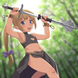 Rule 34 | 1girl, armpits, blue eyes, bow, bracelet, breasts, concealed weapon, forest, hair bow, jewelry, mace, meow (nekodenki), nature, original, small breasts, sword, weapon