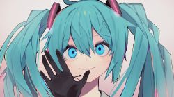 Rule 34 | 1girl, absurdres, against fourth wall, aqua eyes, aqua hair, black gloves, commentary, gloves, hand up, hatsune miku, headphones, headset, highres, long hair, looking up, portrait, shitoo, smile, twintails, vocaloid