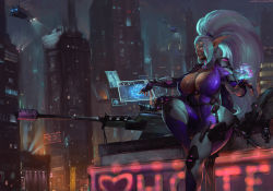 Rule 34 | 1girl, arm guards, armor, assault rifle, augmented reality, big hair, billboard, blue eyes, bodysuit, breasts, building, city, cityscape, cleavage, commission, curvy, cutesexyrobutts, cyberpunk, fantasy, fingerless gloves, gloves, gun, heads-up display, high ponytail, hologram, holographic interface, holographic touchscreen, huge breasts, knee pads, knife, knife sheath, knife sheath, lights, long hair, mask, microphone, mouth mask, mutant, neon lights, night, night sky, ninja mask, open bodysuit, open clothes, original, pointy ears, ponytail, purple bodysuit, rifle, science fiction, sheath, shoulder pads, sidelocks, sitting, sky, skyscraper, sniper rifle, solo, spacecraft, strap, tan, thick thighs, thighs, vehicle, very long hair, weapon, white hair, wide hips