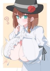 Rule 34 | 1girl, ?, akitokage, aqua eyes, arm under breasts, braid, breasts, brown hair, bursting breasts, buttons, charlotte corday (fate), charlotte corday (third ascension) (fate), cleavage, dress, fate/grand order, fate (series), flower, flying button, hat, hat flower, highres, huge breasts, popped button, ribbon, short hair, side braid, solo, white dress