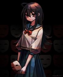 Rule 34 | 1girl, act-age, ahoge, arm at side, artist name, black hair, blue skirt, bow, bowtie, brown eyes, closed mouth, commentary request, cowboy shot, dark background, hair between eyes, holding, holding mask, long hair, looking at viewer, makaroll, mask, pleated skirt, puffy sleeves, red bow, red bowtie, sailor collar, sailor shirt, school uniform, serafuku, shirt, short sleeves, sidelocks, skirt, smile, solo, standing, tears, untucked shirt, white shirt, yonagi kei