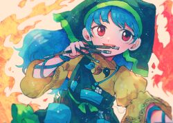 Rule 34 | 1girl, apron, blue hair, chisel, dress, flower, green apron, green headwear, haniyasushin keiki, head scarf, holding, itomugi-kun, jewelry, long hair, magatama, magatama necklace, necklace, open mouth, red eyes, short sleeves, single strap, smile, solo, touhou, upper body, white flower, wood carving tool, yellow dress