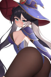 Rule 34 | 1girl, :/, absurdres, ass, ass focus, bad id, bad pixiv id, black hair, blush, breasts, brown pantyhose, cowboy shot, genshin impact, gold trim, hat, highres, long hair, medium breasts, mona (genshin impact), pantyhose, purple hat, simple background, swept bangs, tsubaki 0317, twintails, white background, witch hat